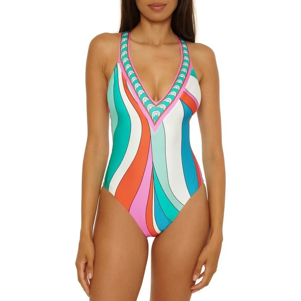 Trina Turk Apollo Border Print One-PIece Swimsuit Women's Size 8